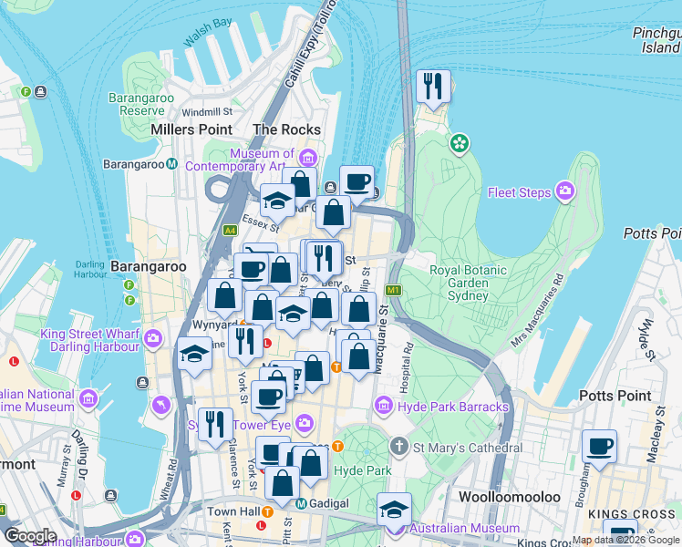 map of restaurants, bars, coffee shops, grocery stores, and more near 1 Farrer Place in Sydney