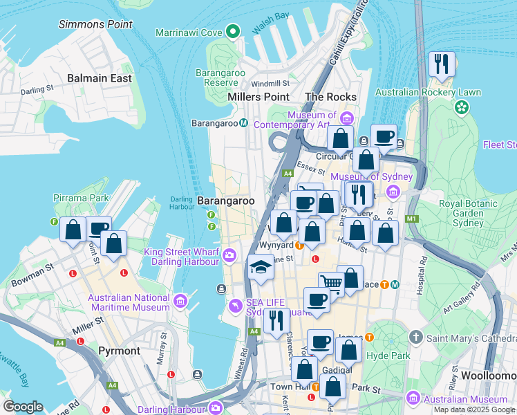 map of restaurants, bars, coffee shops, grocery stores, and more near 203 Kent Street in Sydney