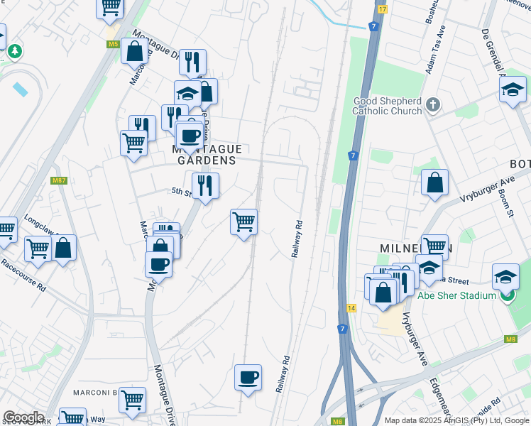 map of restaurants, bars, coffee shops, grocery stores, and more near 10 Hoist Avenue in Cape Town