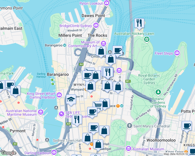 map of restaurants, bars, coffee shops, grocery stores, and more near 252 George Street in Sydney