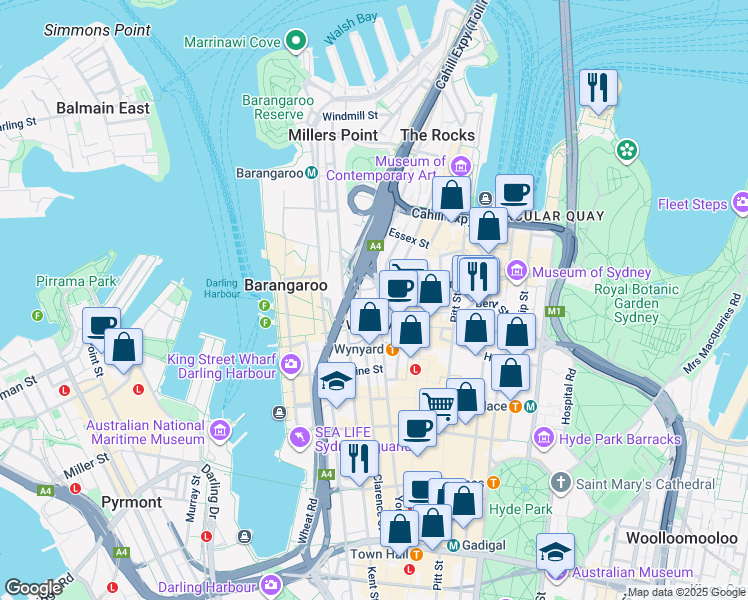 map of restaurants, bars, coffee shops, grocery stores, and more near 1 Lang Street in Sydney