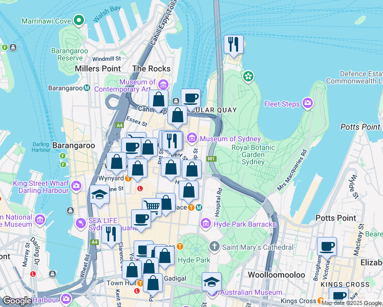 map of restaurants, bars, coffee shops, grocery stores, and more near 1 Farrer Place in Sydney