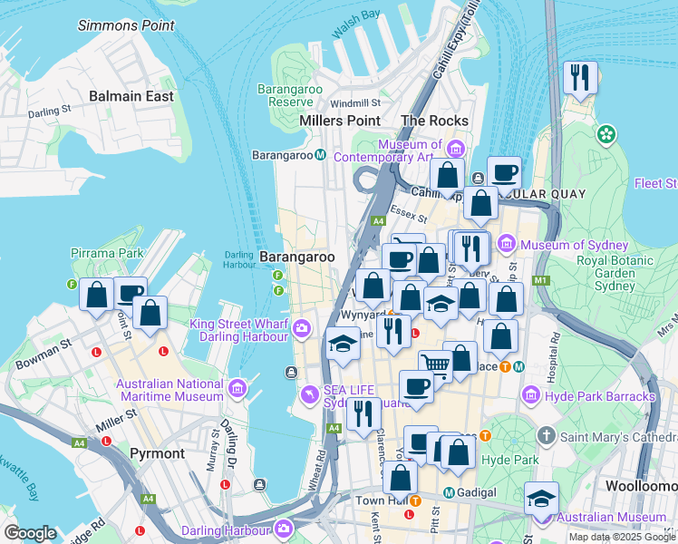 map of restaurants, bars, coffee shops, grocery stores, and more near 40 Hickson Road in Sydney
