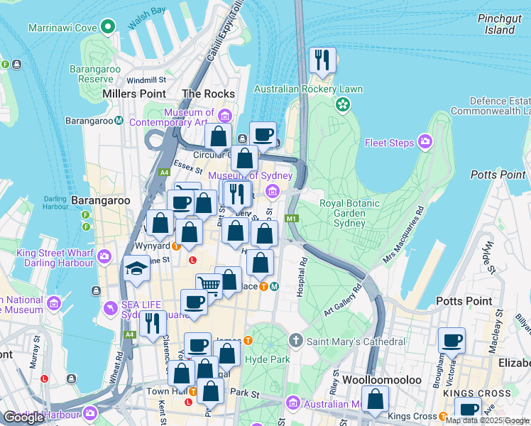 map of restaurants, bars, coffee shops, grocery stores, and more near 1 Farrer Place in Sydney