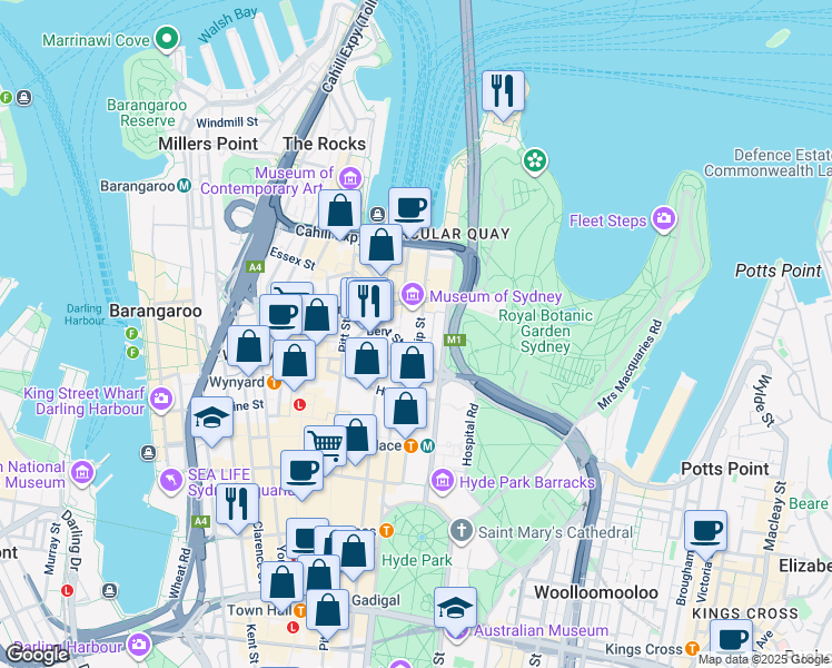map of restaurants, bars, coffee shops, grocery stores, and more near 1 Farrer Place in Sydney