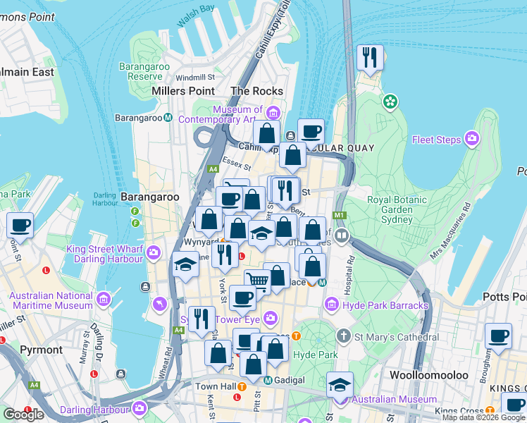 map of restaurants, bars, coffee shops, grocery stores, and more near 20 Bond Street in Sydney