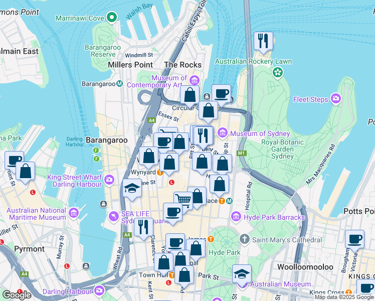 map of restaurants, bars, coffee shops, grocery stores, and more near 20 Bond Street in Sydney