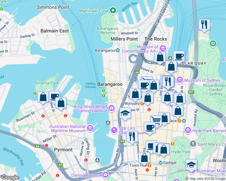 map of restaurants, bars, coffee shops, grocery stores, and more near 200 Barangaroo Avenue in Sydney