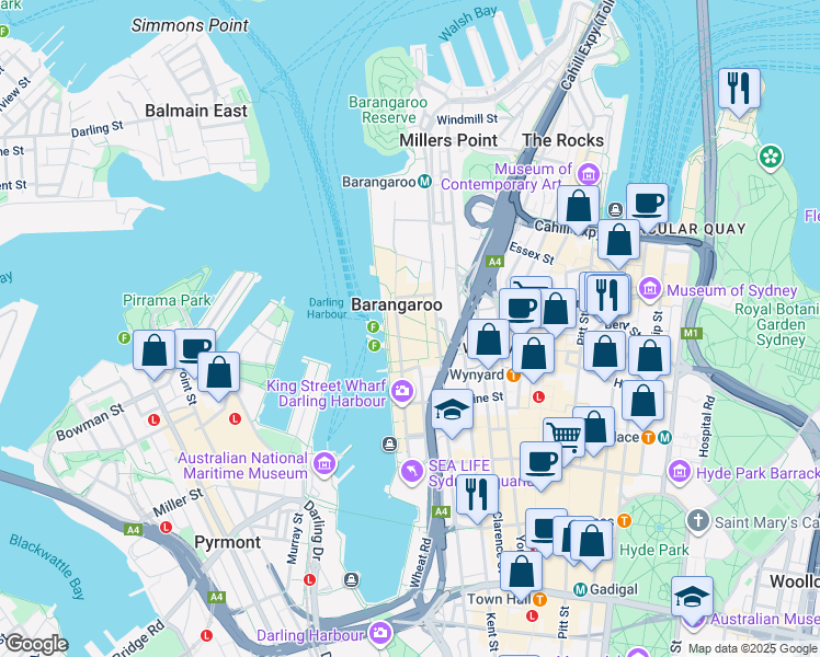 map of restaurants, bars, coffee shops, grocery stores, and more near 200 Barangaroo Avenue in Sydney