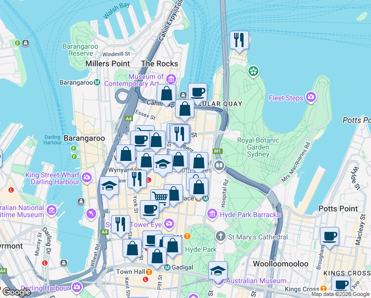 map of restaurants, bars, coffee shops, grocery stores, and more near 6 O'Connell Street in Sydney