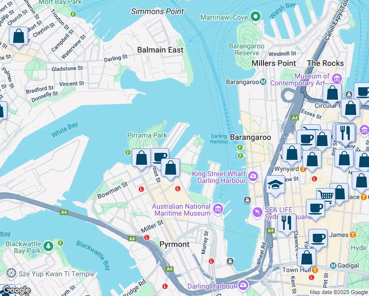 map of restaurants, bars, coffee shops, grocery stores, and more near 44 Pirrama Road in Pyrmont