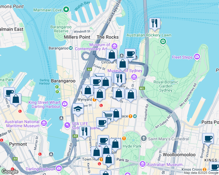 map of restaurants, bars, coffee shops, grocery stores, and more near 20 Bond Street in Sydney