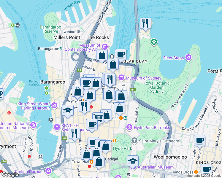 map of restaurants, bars, coffee shops, grocery stores, and more near 1 O'Connell Street in Sydney