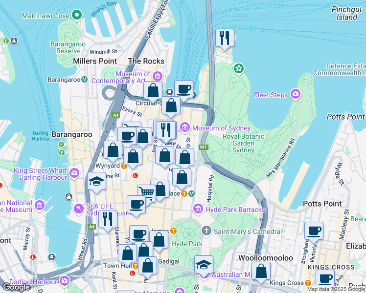 map of restaurants, bars, coffee shops, grocery stores, and more near 1 Farrer Place in Sydney