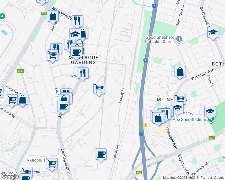 map of restaurants, bars, coffee shops, grocery stores, and more near 10 Hoist Avenue in Cape Town