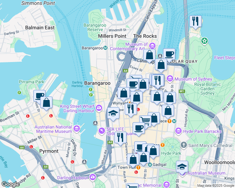 map of restaurants, bars, coffee shops, grocery stores, and more near 55 Clarence Street in Sydney