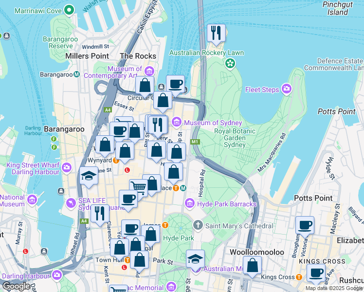 map of restaurants, bars, coffee shops, grocery stores, and more near 2 Chifley Square in Sydney