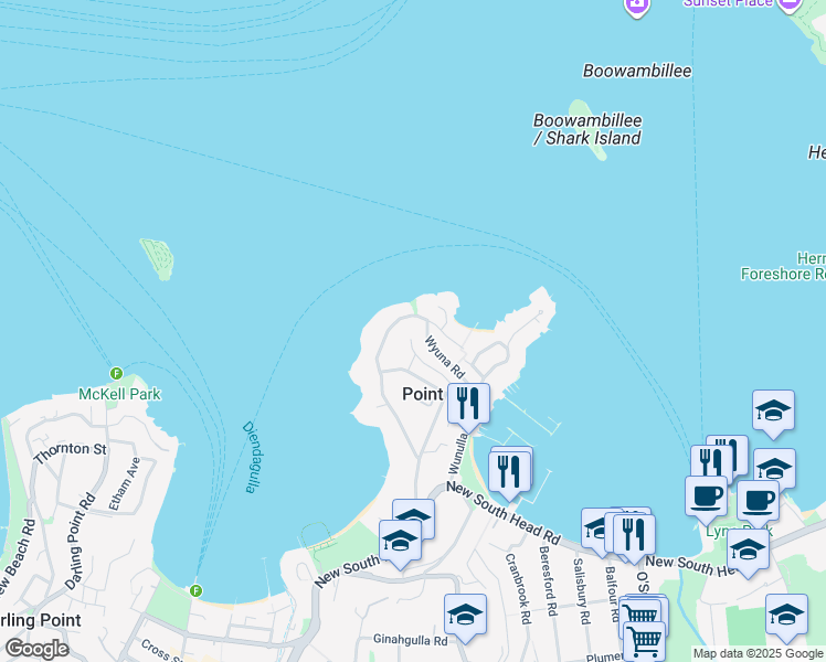 map of restaurants, bars, coffee shops, grocery stores, and more near 3 Wentworth Place in Point Piper