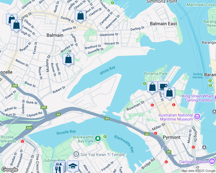 map of restaurants, bars, coffee shops, grocery stores, and more near LOT 1 Sommerville Road in Rozelle