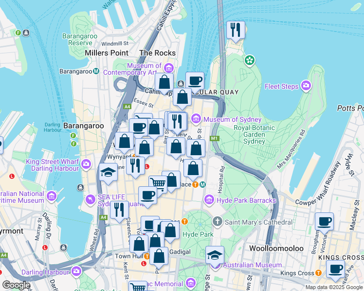 map of restaurants, bars, coffee shops, grocery stores, and more near 17 Bligh Street in Sydney