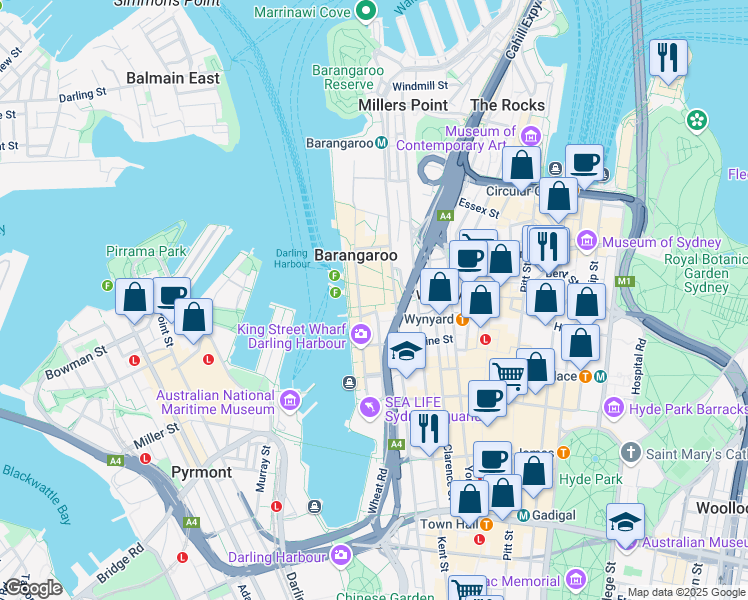 map of restaurants, bars, coffee shops, grocery stores, and more near 300 Barangaroo Avenue in Sydney