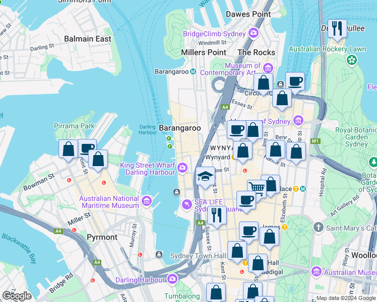 map of restaurants, bars, coffee shops, grocery stores, and more near 300 Barangaroo Avenue in Sydney