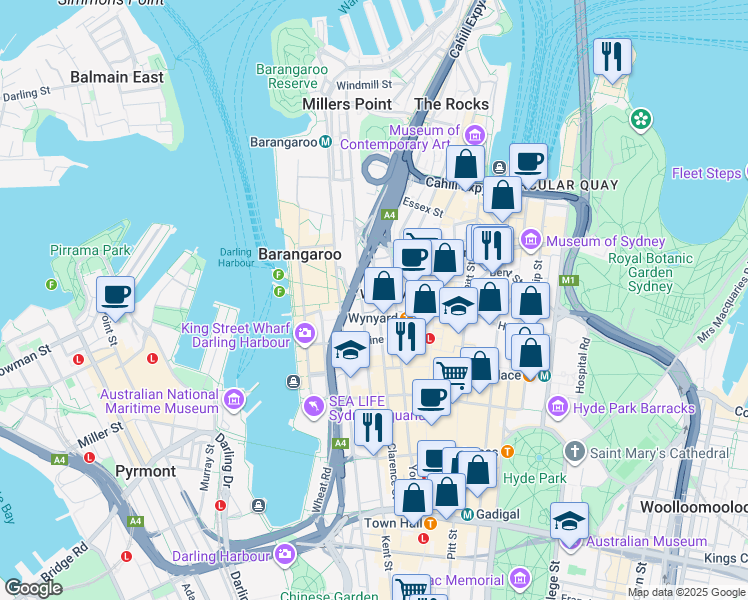 map of restaurants, bars, coffee shops, grocery stores, and more near 1 Margaret Street in Sydney