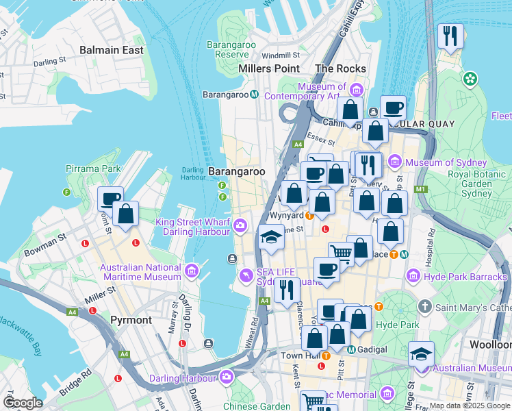map of restaurants, bars, coffee shops, grocery stores, and more near 5A Sussex Street in Sydney