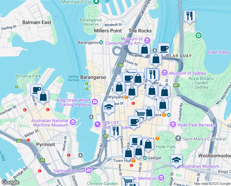 map of restaurants, bars, coffee shops, grocery stores, and more near 1 Margaret Street in Sydney