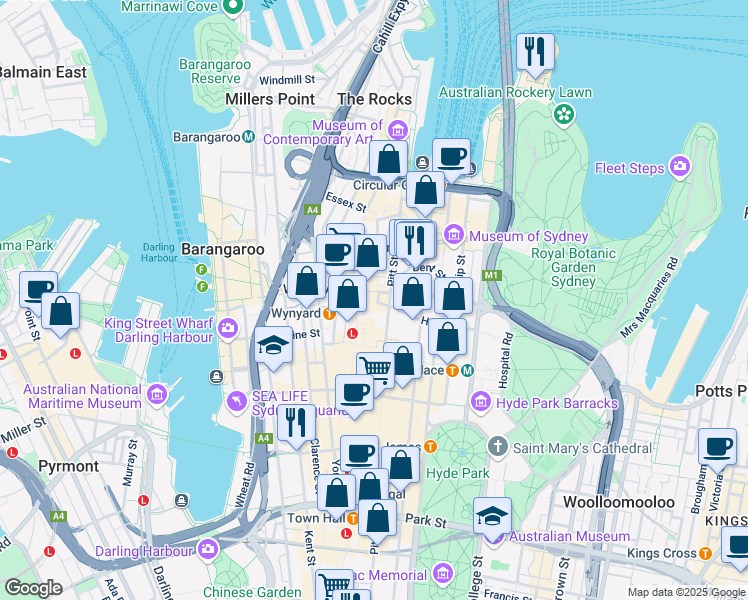 map of restaurants, bars, coffee shops, grocery stores, and more near 20 Hunter Street in Sydney
