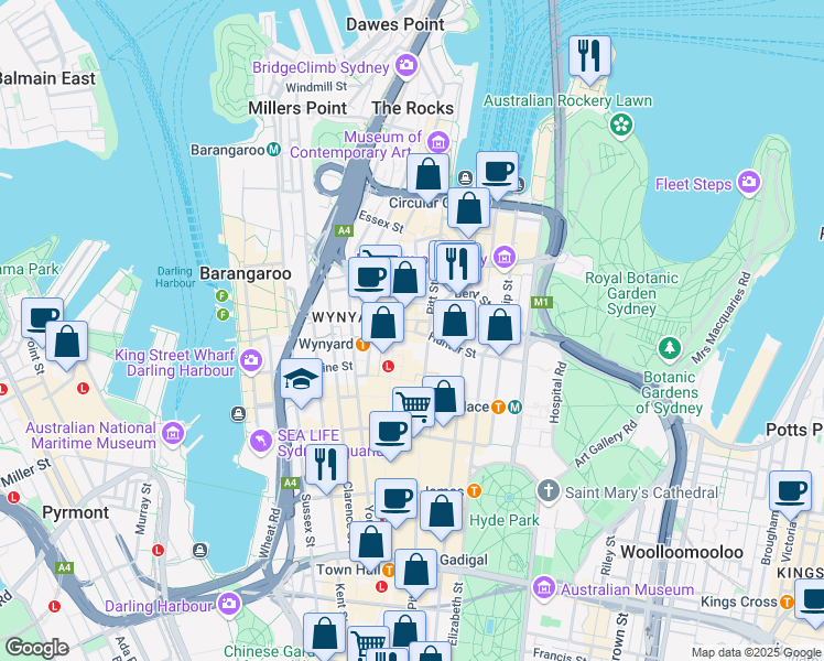 map of restaurants, bars, coffee shops, grocery stores, and more near in Sydney
