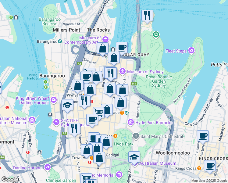 map of restaurants, bars, coffee shops, grocery stores, and more near 4 Bligh Street in Sydney