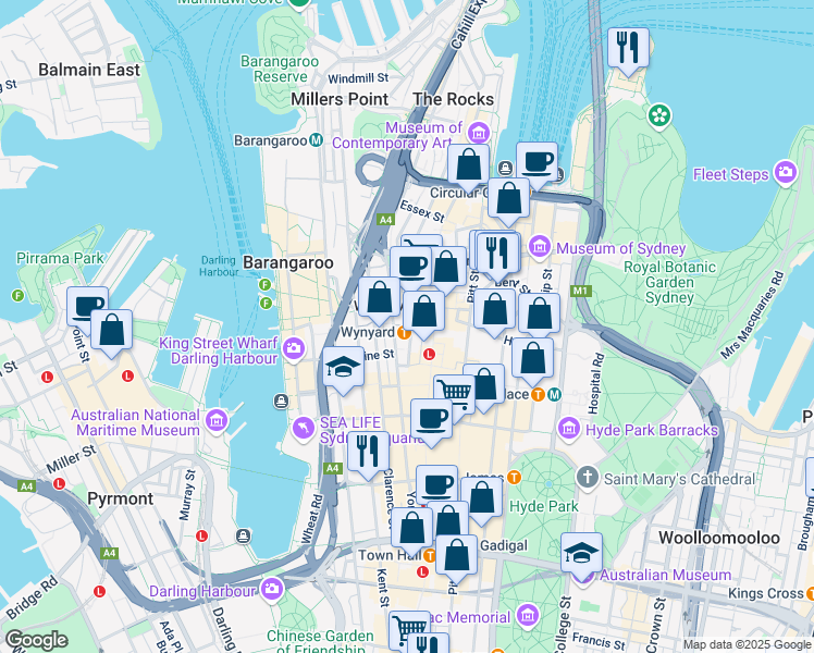 map of restaurants, bars, coffee shops, grocery stores, and more near in Sydney