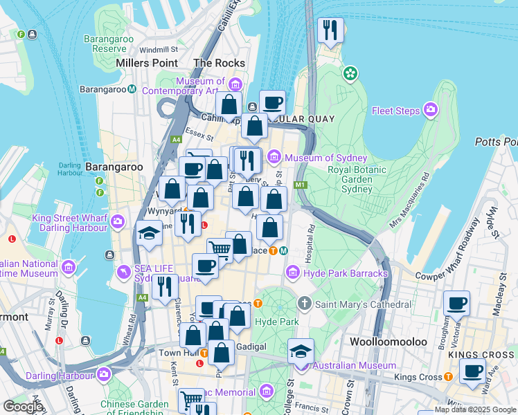 map of restaurants, bars, coffee shops, grocery stores, and more near 4 Bligh Street in Sydney
