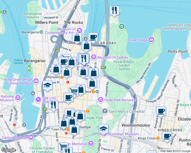 map of restaurants, bars, coffee shops, grocery stores, and more near 2 Chifley Square in Sydney