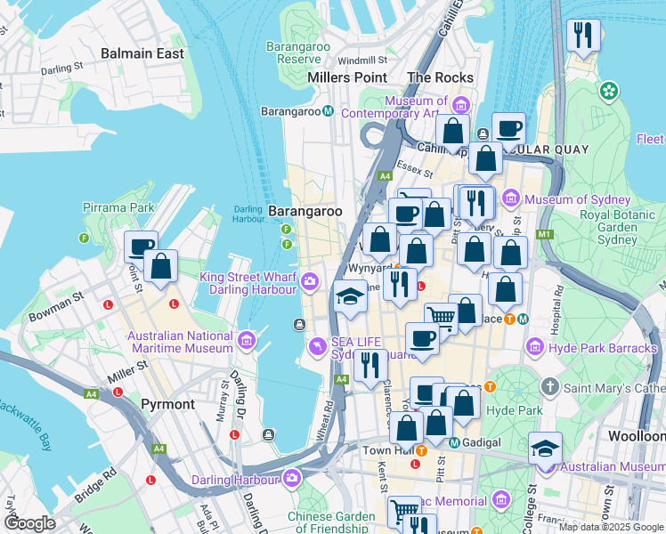 map of restaurants, bars, coffee shops, grocery stores, and more near 12 Shelley Street in Sydney