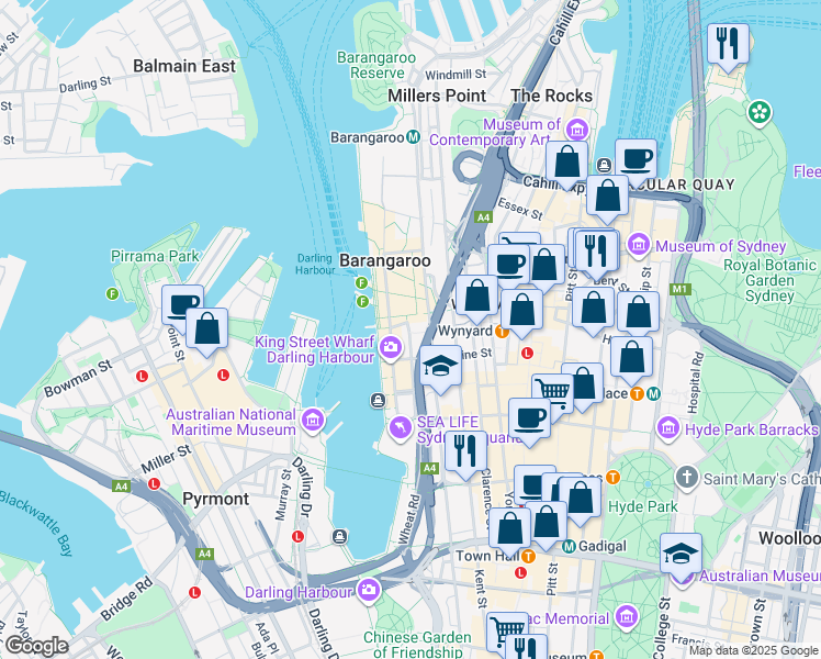 map of restaurants, bars, coffee shops, grocery stores, and more near 5 Sussex Street in Sydney
