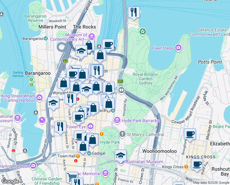map of restaurants, bars, coffee shops, grocery stores, and more near 167 Macquarie Street in Sydney