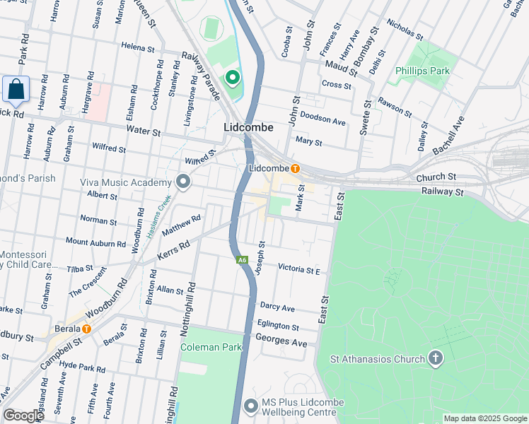 map of restaurants, bars, coffee shops, grocery stores, and more near 2 Kerrs Road in Lidcombe