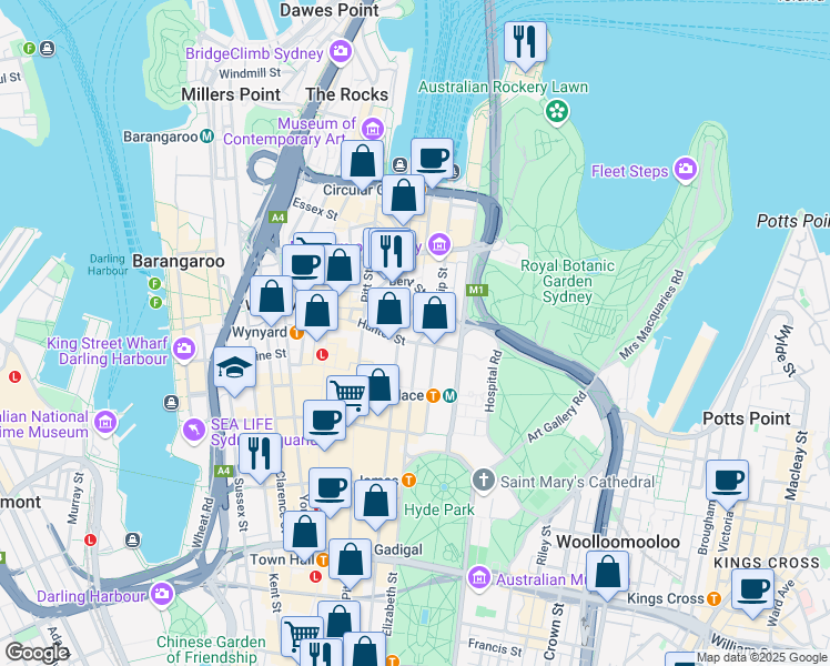 map of restaurants, bars, coffee shops, grocery stores, and more near 1 Chifley Square in Sydney