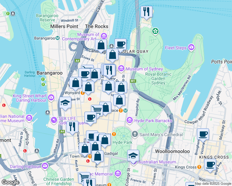 map of restaurants, bars, coffee shops, grocery stores, and more near 1 Chifley Square in Sydney