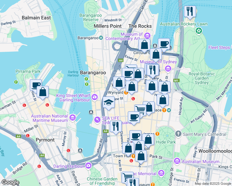 map of restaurants, bars, coffee shops, grocery stores, and more near 83 Clarence Street in Sydney