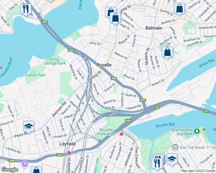 map of restaurants, bars, coffee shops, grocery stores, and more near 187 Evans Street in Rozelle