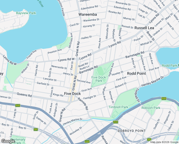 map of restaurants, bars, coffee shops, grocery stores, and more near 30 Sutton Street in Five Dock