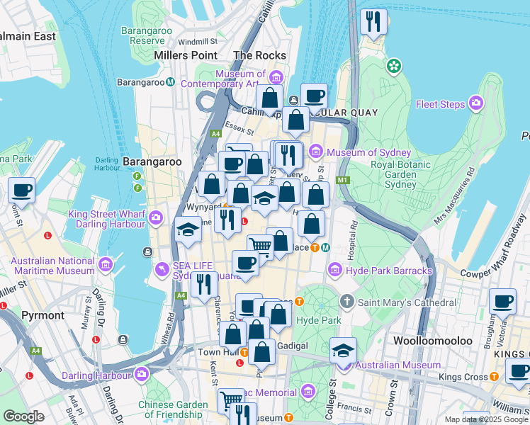 map of restaurants, bars, coffee shops, grocery stores, and more near 115 Pitt Street in Sydney