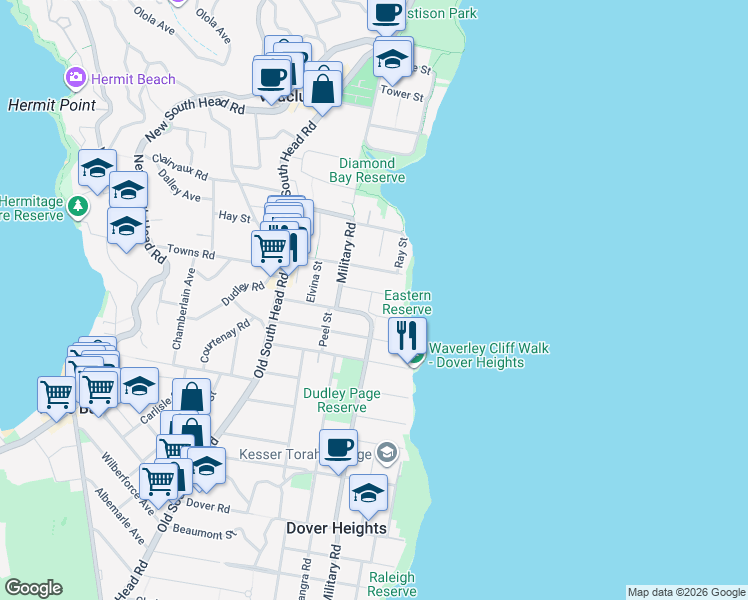 map of restaurants, bars, coffee shops, grocery stores, and more near 25 Eastern Avenue in Dover Heights