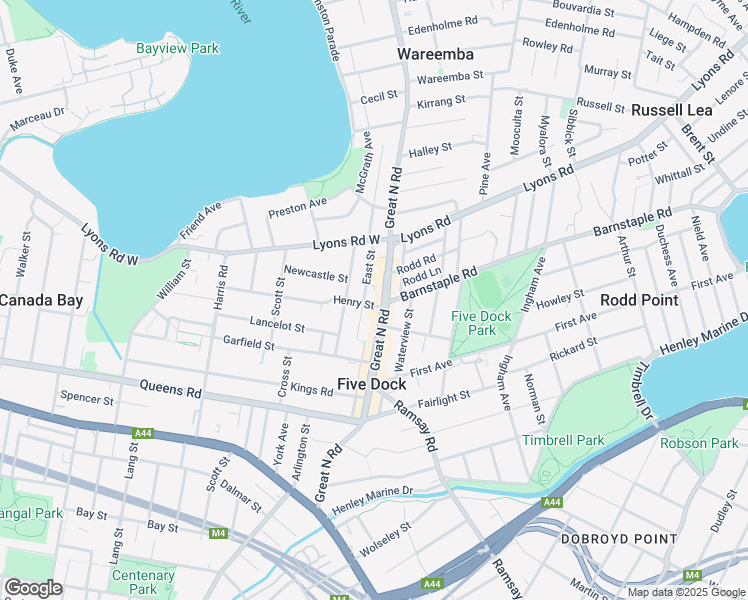 map of restaurants, bars, coffee shops, grocery stores, and more near 189 Great North Road in Five Dock