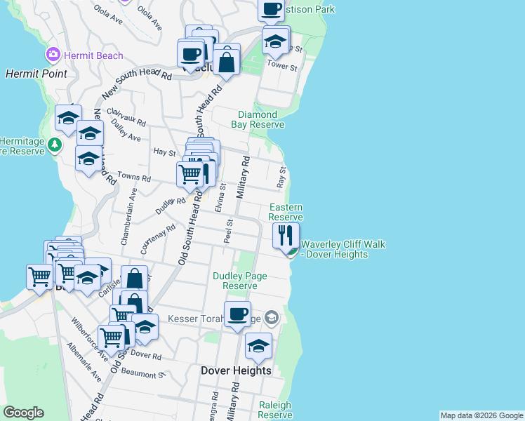 map of restaurants, bars, coffee shops, grocery stores, and more near 25 Eastern Avenue in Dover Heights