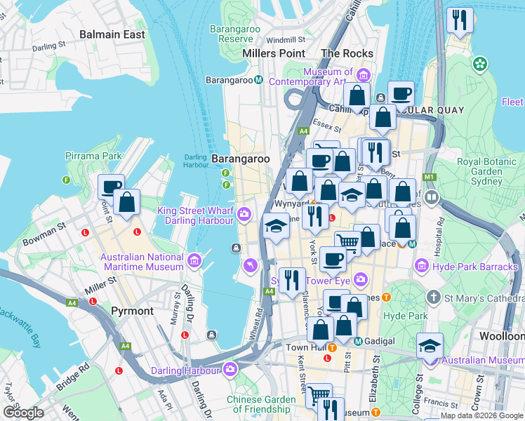 map of restaurants, bars, coffee shops, grocery stores, and more near 12 Shelley Street in Sydney
