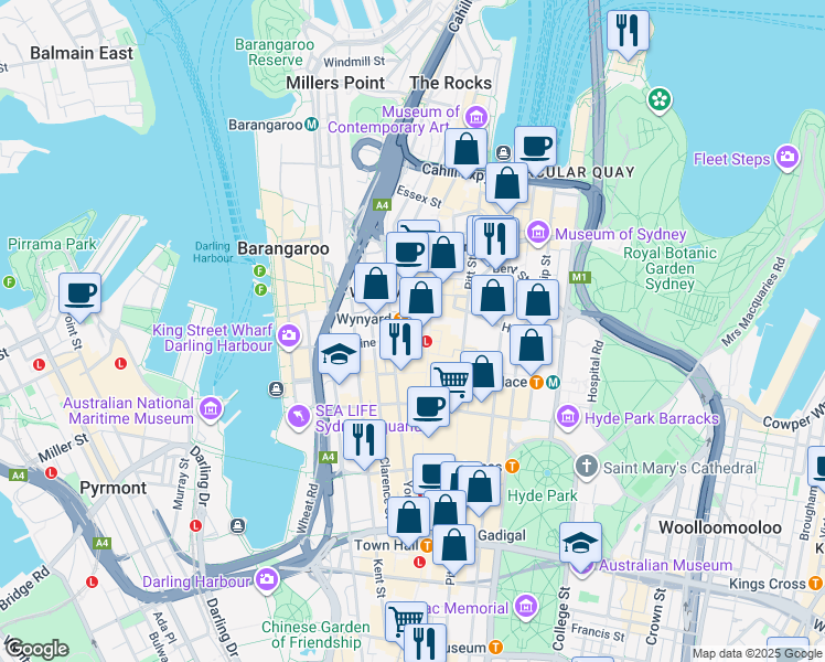 map of restaurants, bars, coffee shops, grocery stores, and more near 50 Carrington Street in Sydney
